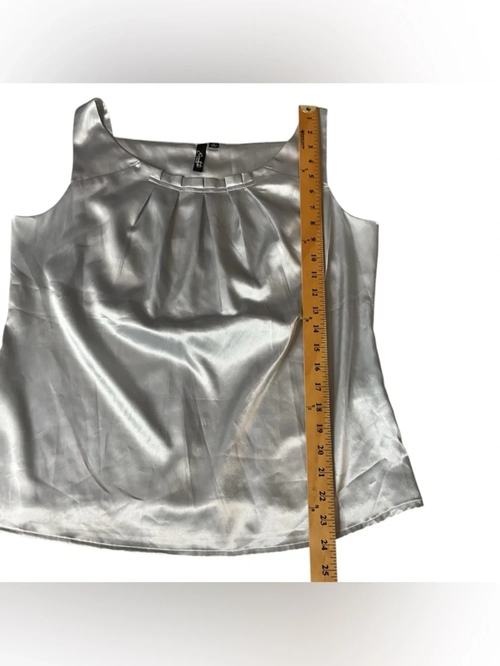 Essentials Sleeveless Satin Pleated Neck Shell Top - metallic Silver L - Picture 10 of 12